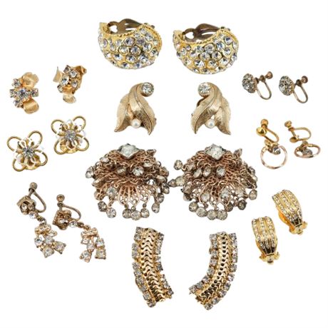 Ten Pairs Vintage Gold Tone Clear Rhinestone Clip Earrings
