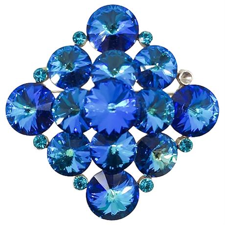 Signed Vintage Weiss Montana Blue Rivoli Rhinestone Brooch
