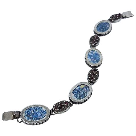 Vintage Sterling Silver Faux Roman Glass & Garnet Bracelet