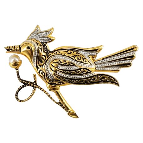 Vintage Spanish Damascene Style Bird Brooch