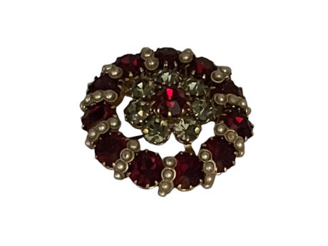 Red rhinestones and pearl large vintage brooch