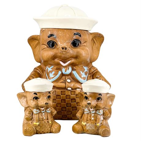 Vintage Twin Winton Elephant Cookie Jar and Salt & Pepper Shaker Set