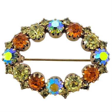 Vintage Rhinestone and Aurora Borealis Oval Shaped Brooch