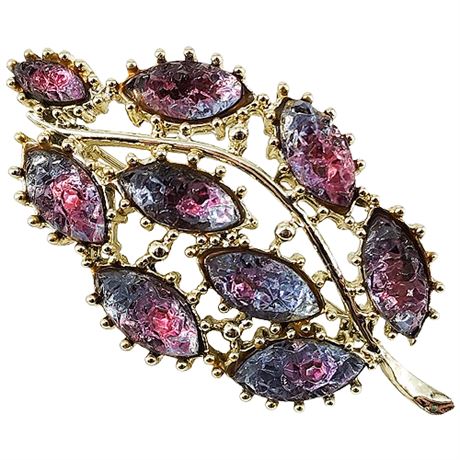 Vintage Carved Givre Glass Leaf Brooch