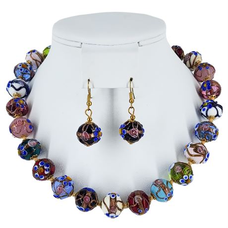 Vintage Murano Glass Wedding Cake Glass Beaded Necklace & Earrings Set