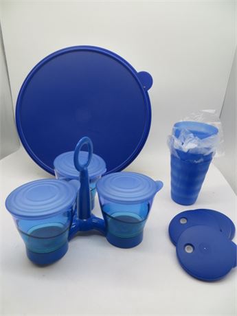 NEW VINTAGE TUPPERWARE LARGE BLUE BOWL, CUPS W/LIDS & CONDIMENT SET