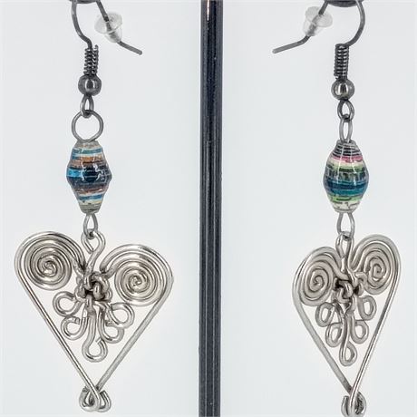 Wire Heart & Paper Bead Dangle Earrings