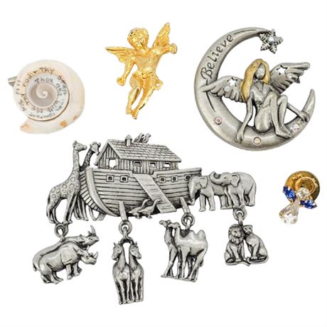 Five Vintage Religious/Angel Brooches, Incl. JONETTE Ark