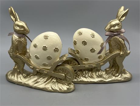 Pair Resin Foil Wrapped Bunnies With Cart