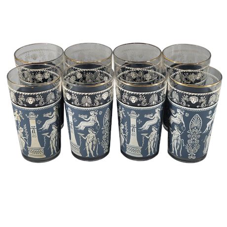Jeannette Wedgwood Gold Rimmed Blue & White Drinking Glasses - Set of 8