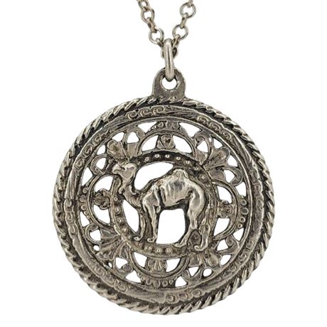 Vtg Large Silver Tone Camel Medallion Pendant Necklace