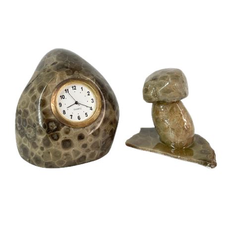Petoskey Stone Clock & Mushroom Figure