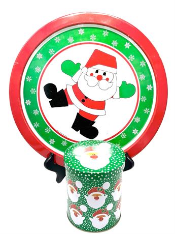 Vtg Metal Holiday Tray and Canister