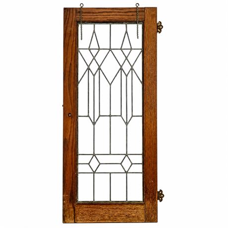 Antique Leaded Glass Window with Hanging Hooks and Hinges