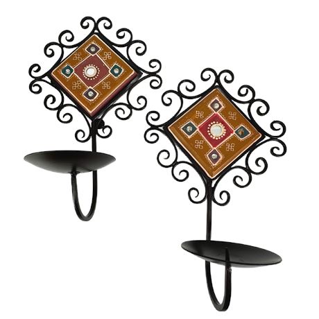 Pair of Decorative Clay Tile Wall Sconces