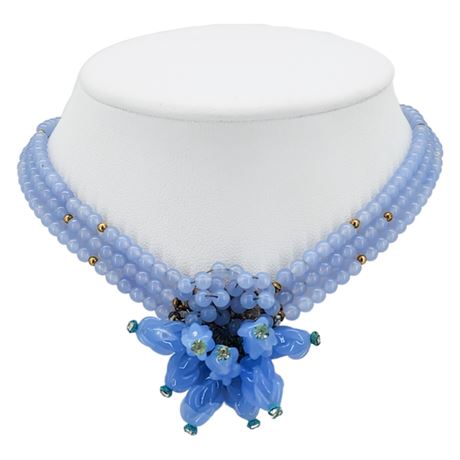 Vtg Periwinkle Art Glass Cluster Choker Necklace w/ Rhinestone Accents