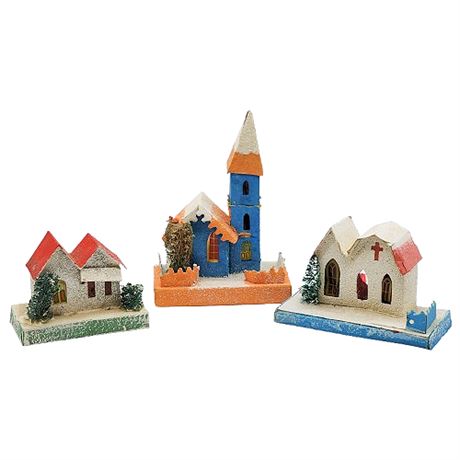 Three Vintage Japanese Putz House Mica Glitter Buildings