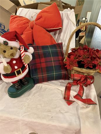 Big Bow, Basket of Poinsettias & Bear Santa