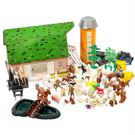 Vintage Happi Time Tin Barn, Silo & Huge Lot of Tiny Farm Animals