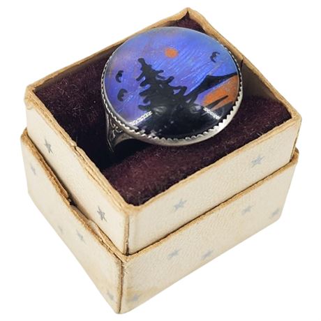 Vintage Sterling Silver Butterfly Wing Tropical Scene Ring, Sz 6.5, in Box