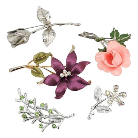 Five Vintage Flower Brooches, Some Signed