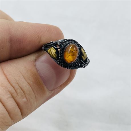 Vtg Sterling Amber Ring Size 6.5