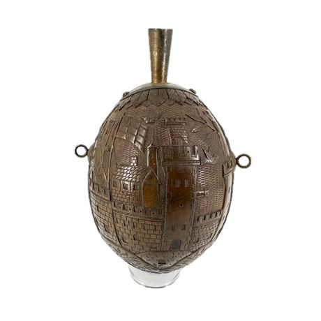 Antique Hand Carved Coconut Powder Flask w Castle Theme
