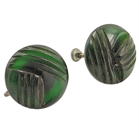 Vintage Green Carved Bead Screw-Back Earrings