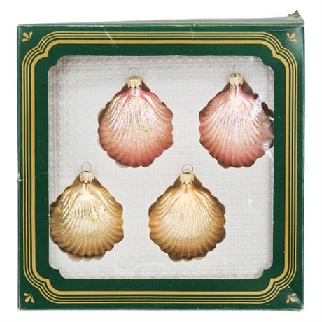 Vintage Kurt Adler Pink & Champagne Glitter Glass Shell Ornaments in Box