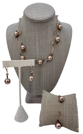 Artisan Made Taupe Crystal & Faux Pearl Necklace, Earrings & Bracelet Set