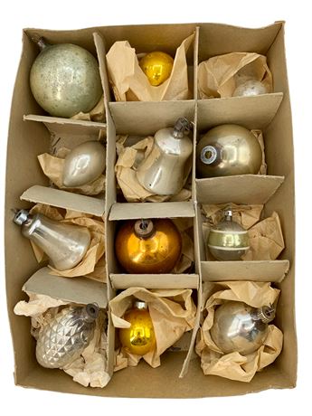 12 pc Vintage Silver & Amber Glass Christmas Ornaments