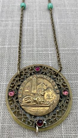 Fantastic Antique Egyptian Repousse Brass Sphinx, Pyramid, Medallion Necklace