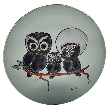 Signed Vintage Smoke Glass Decorative Plate w/ Hand-painted Enamel/Gilt Owls