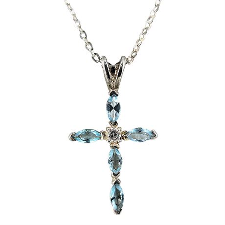 Sterling Silver Blue Topaz & CZ Cross Pendant Necklace