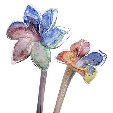 Pair Murano Art Glass Long Stem Multi-Colored Flowers (2 of 2)