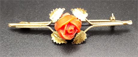 800 silver vermeil carved coral rose bar pin 4.4 G