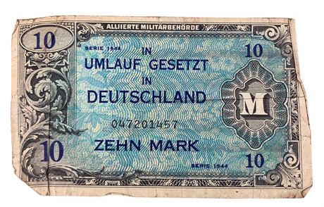 1944 WWII Alliierte Militarbehorde Zehn Mark 10 Paper Money Bill