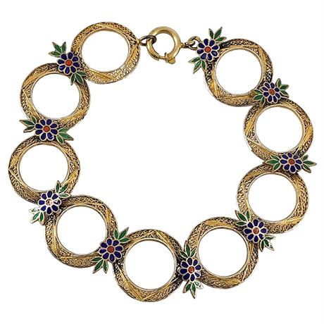 Vintage Filigree & Enamel Flowers Bracelet