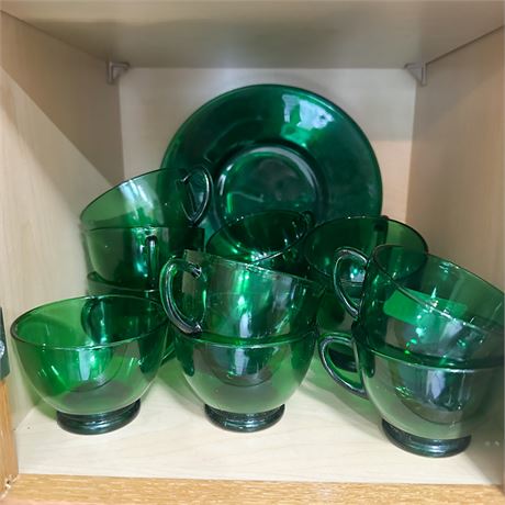 Cabinet Lot of Anchor Hocking Green Glass Dishes & Glassware