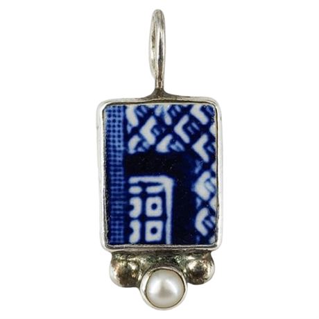 Signed JL Sterling Silver Blue Willow China & Pearl Pendant
