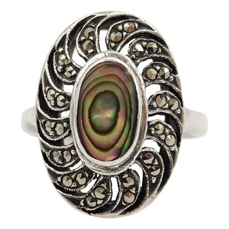 Vintage NIDA Sterling Silver Marcasite & Abalone Ring, Sz 7