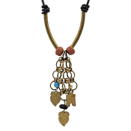 Vintage Leather & Brass Asian Themed Y-Drop Necklace
