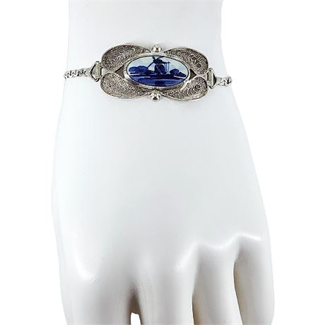 Vintage Sterling Silver Filigree Delft Porcelain Bracelet