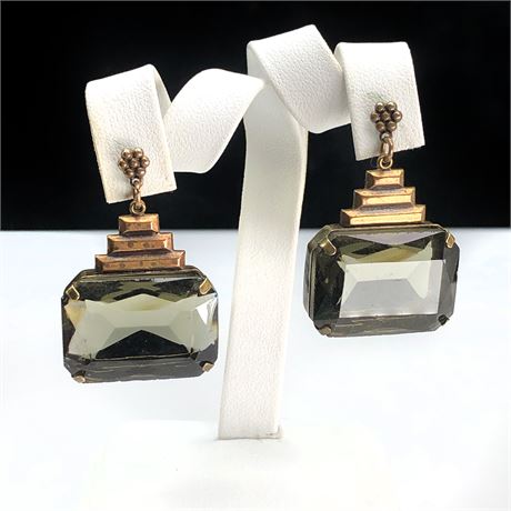 Vintage Signed Sadie Green Faceted Smokey Green Glass Earrings