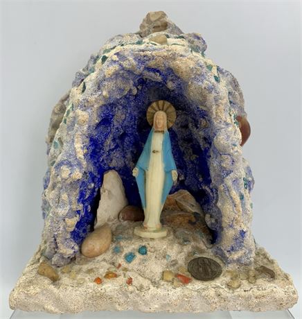 Vintage Folk Art Concrete Madonna Grotto with Religious Coin, Stones & Glass