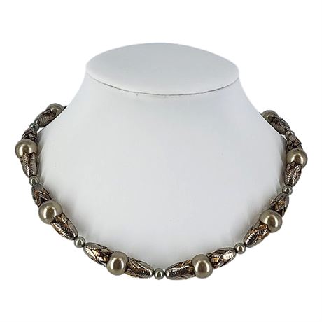 Faux Pearl and Leaf Cap Bead Necklace