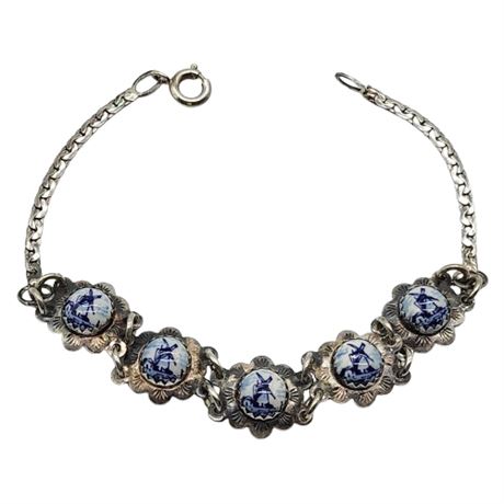 Vintage Signed GB5 8.5 Silver Delft Windmill Bracelet