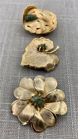 Trio of Vintage Jeweled Jade Gold Washed Brooches