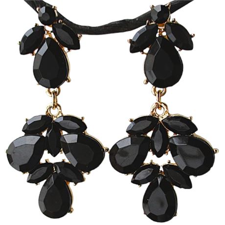 Black Teardrop Chandelier Post Earrings ~ Statement Costume Jewelry