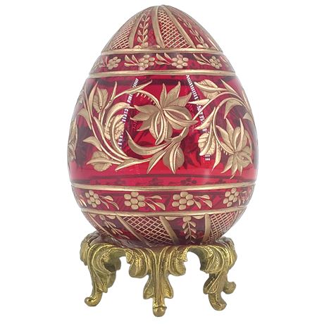 Fabergé Style Red Glass Egg w/ Gold-Tone Gilt Detail & Stand, Russia
